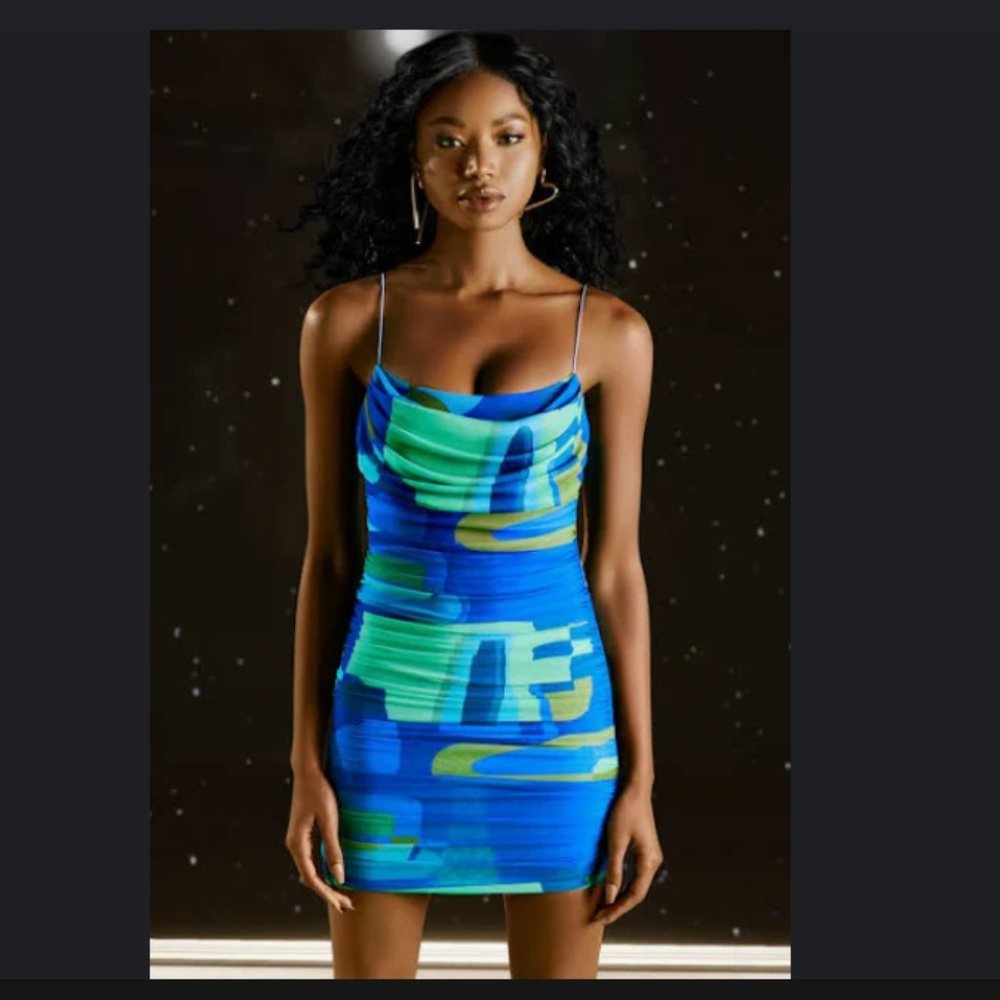 Oh Polly COWL NECK RUCHED MINI DRESS IN BLUE PRINT